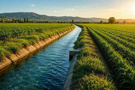 Acequia de riego con canal de agua para la explotación agrícola