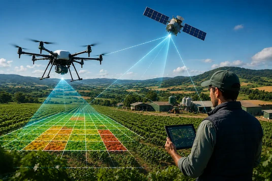 Dron y satélite para vigilancia de cultivos en agricultura de precisión