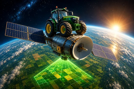 Tractor en campo agrícola con mapas satelitales Sentinel-2