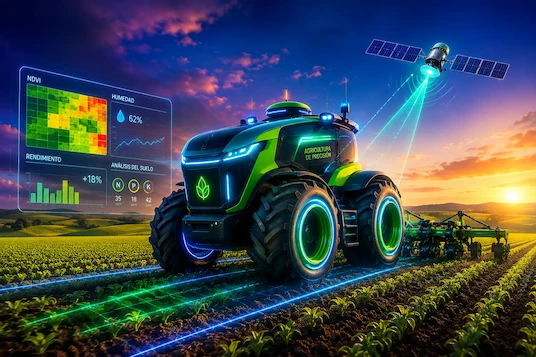Tractor con tecnología de agricultura de precisión en el campo